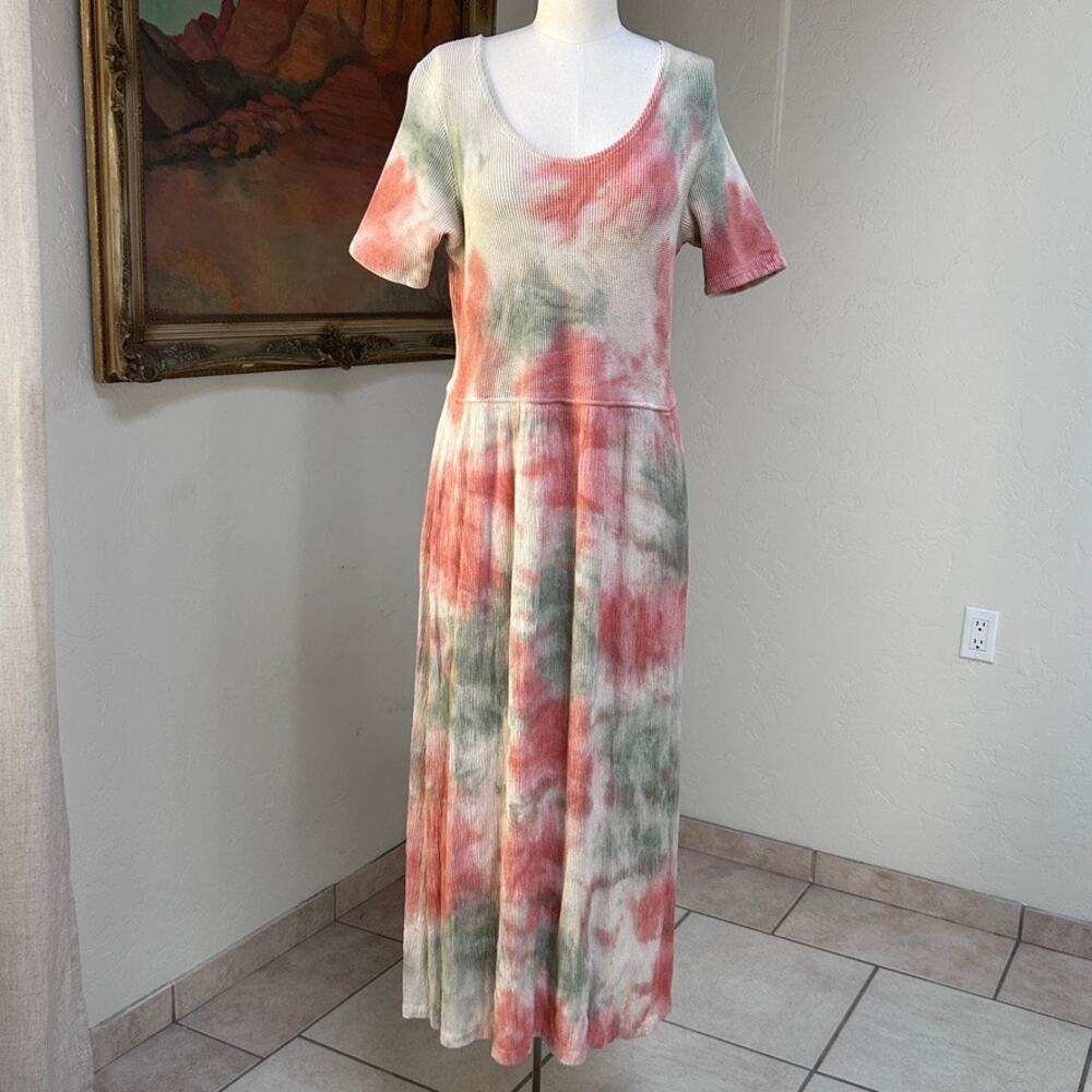 Barbara Lesser Tie Dye Waffle Knit Midi Dress Cotton USA Womens M
